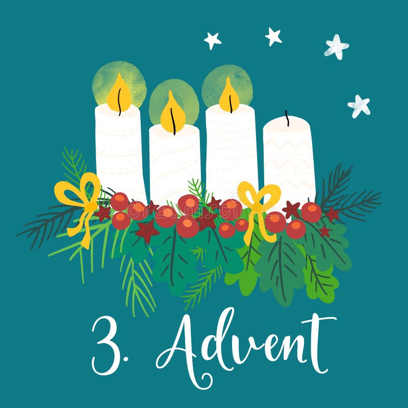 Weesillustratie toevoegen kerstbedekking met vier kaarsen, twee brandende kaarsen, bogen, bessen en pijnboomtakken 2e