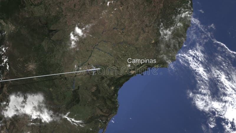 Weg eines kommerziellen flachen Fliegens nach Campinas, Brasilien auf der Karte Wiedergabe 3d lizenzfreie abbildung Weg eines kommerziellen flachen Fliegens nach Campinas, Brasilien auf der Karte Wiedergabe 3d lizenzfreie abbildung