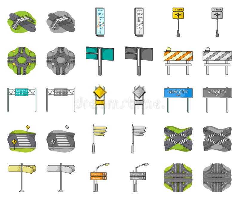 Wegverbindingen en tekensbeeldverhaal, monochrom pictogrammen in vastgestelde inzameling voor ontwerp Voetcrossings en tekensvect vector illustratie Wegverbindingen en tekensbeeldverhaal, monochrom pictogrammen in vastgestelde inzameling voor ontwerp Voetcrossings en tekensvect vector illustratie