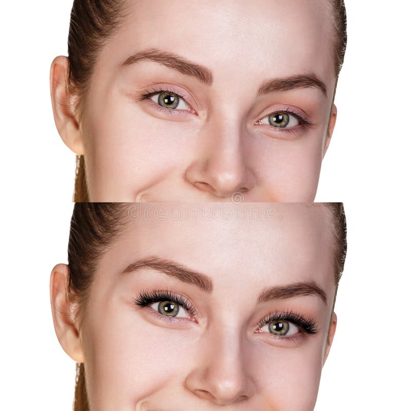 Weibliche Augen vor und nach Wimpererweiterung stockfotografie Weibliche Augen vor und nach Wimpererweiterung stockfotografie