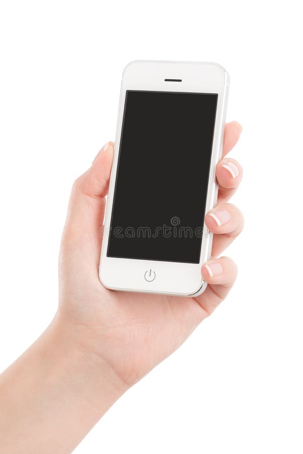 Weibliche Hand, die modernes weißes intelligentes Mobiltelefon mit leerem s hält