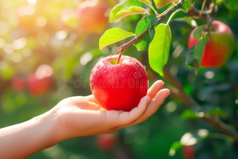 Weibliche Hand hält natürlichen roten Apfel auf verschwommenem Hintergrund Apfelgarten in goldener Stunde lizenzfreie stockfotos