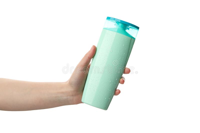 Weibliche Hand hält Shampooflasche isoliert auf Hintergrund stockfotos