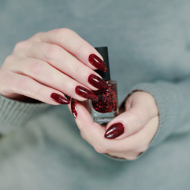 Weibliche Hand mit langen Nägeln und dunkelrote Maniküre. Die weibliche Hand mit langen Nägeln und einer dunkelroten Maniküre hält eine Flasche Nagellack