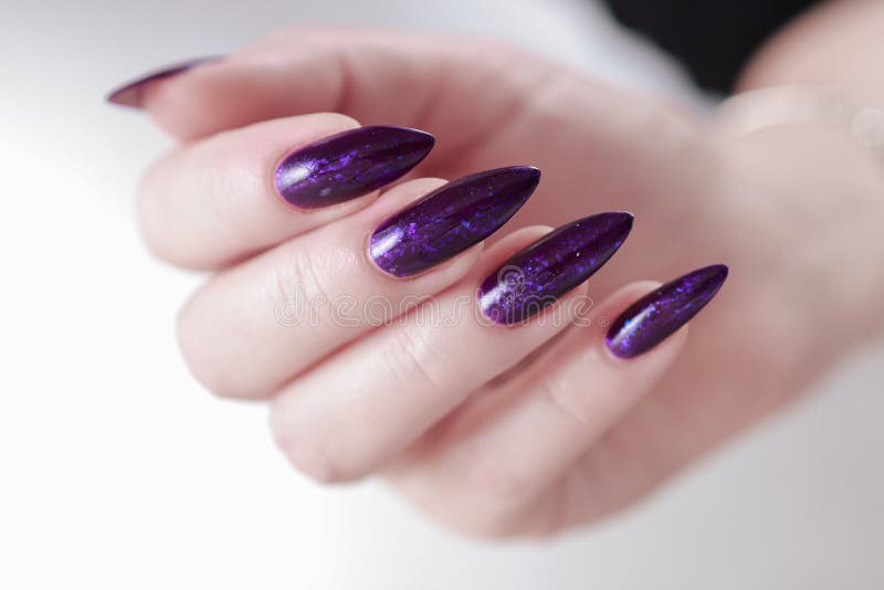 Weibliche Hand mit langen Nägeln und lila Pflaumenmaniküre stockbild