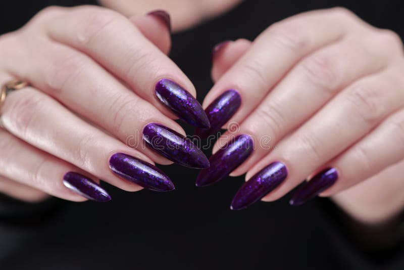 Weibliche Hand mit langen Nägeln und lila Pflaumenmaniküre stockfoto