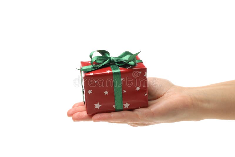 Weibliche Handgriffgeschenkbox, isoliert auf weißem Hintergrund lizenzfreie stockfotografie