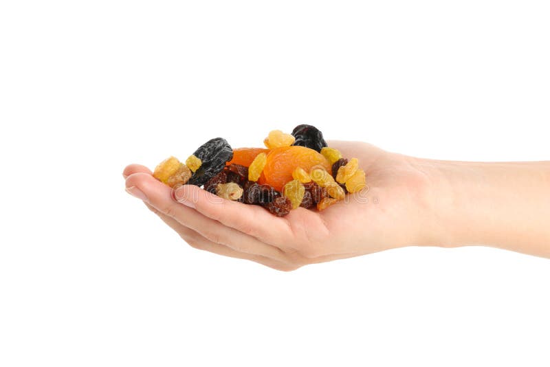 Weibliche Handgrifftrockenfrüchte isoliert auf weißem Hintergrund lizenzfreie stockfotos