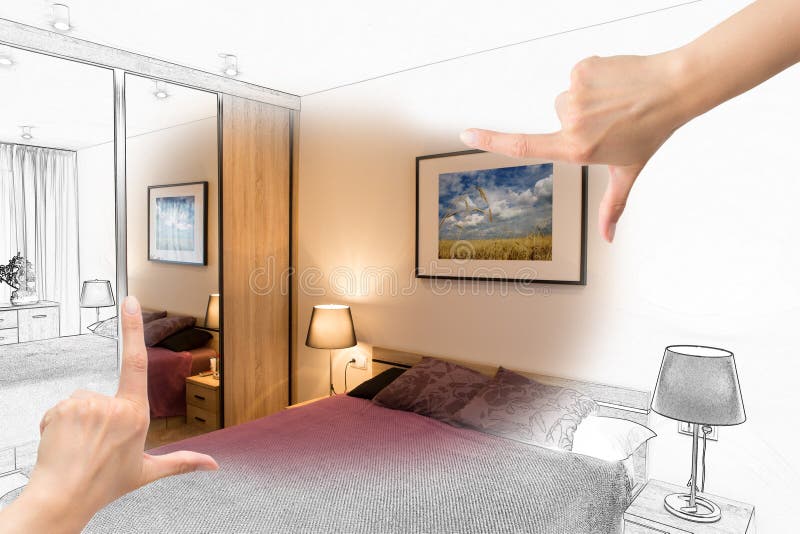 Weibliche Hände, die kundenspezifisches Schlafzimmerdesign gestalten lizenzfreies stockfoto Weibliche Hände, die kundenspezifisches Schlafzimmerdesign gestalten lizenzfreies stockfoto