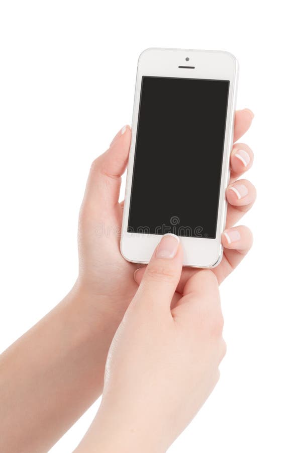 Weibliche Hände, die weißes modernes intelligentes Telefon halten und butto drücken
