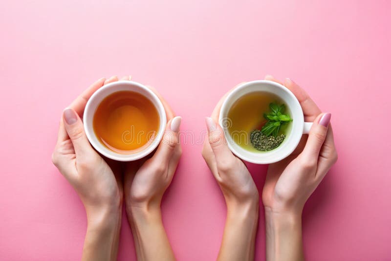 Weibliche Hände mit einer Tasse schwarzen Tees und einer Tasse grünen Tees auf rosa Hintergrund stock abbildung