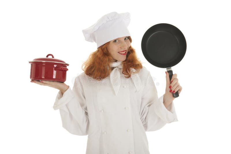 Weiblicher Kochchef mit Töpfen und Wannen stockfotos Weiblicher Kochchef mit Töpfen und Wannen stockfotos