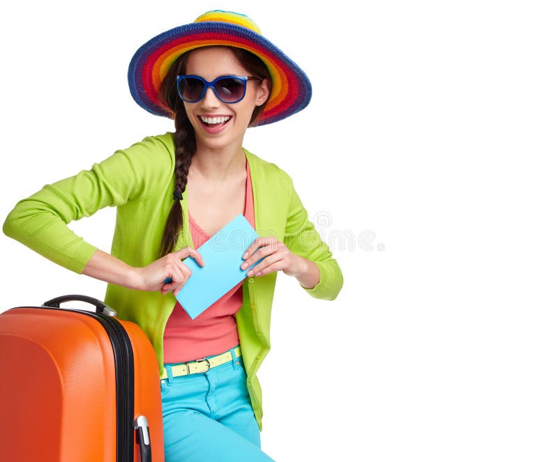 Weiblicher Tourist mit Reisekoffer