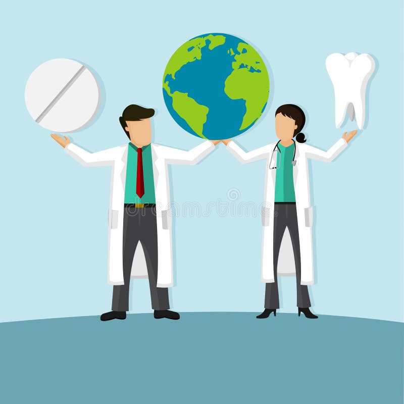 Weiblicher und männlicher Doktor Holding Globe, Medizin und ein Zahnarzt Tooth stock abbildung Weiblicher und männlicher Doktor Holding Globe, Medizin und ein Zahnarzt Tooth stock abbildung