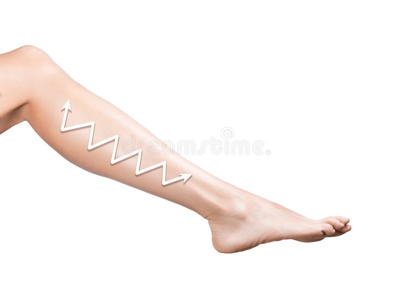 Weibliches barfüßigbein mit der glatten Haut, lokalisiert auf Weiß Pfeile zeigt Grundlinien der Massage lizenzfreie stockbilder Weibliches barfüßigbein mit der glatten Haut, lokalisiert auf Weiß Pfeile zeigt Grundlinien der Massage lizenzfreie stockbilder
