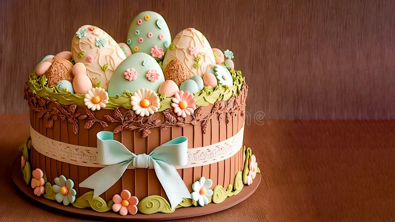 Weiche Eier mit Blumen dekorativen Kuchen und Fondant Band vor braunem Hintergrund. Tag des Glücks lizenzfreie abbildung
