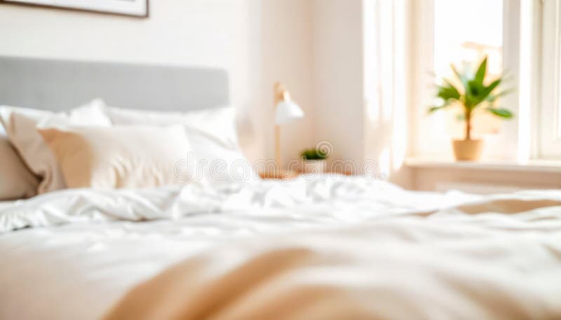 Weiches Ambiente, gemütliches Schlafzimmer mit natürlichem Bettwäsche. Weicher Hintergrund eines gemütlichen Schlafzimmers mit weich weißem Tagesbett warmes natürliches Licht und Akzente im Grünen. perfekt für Design-Projekte, die auf Nachhaltigkeit und Wohnkomfort ausgerichtet sind