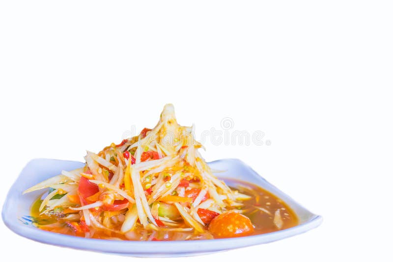 Weichzeichnung des würzigen Papayasalats, thailändische lokale Nahrung mit dem weißen Hintergrund stockfotografie Weichzeichnung des würzigen Papayasalats, thailändische lokale Nahrung mit dem weißen Hintergrund stockfotografie