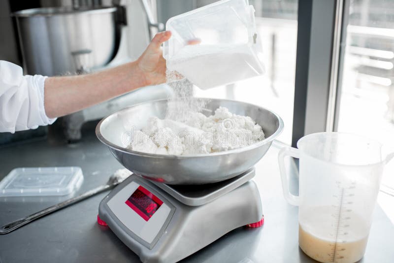 Baker Weighing Dough On Kitchen Scale Stock Photo 1646504854