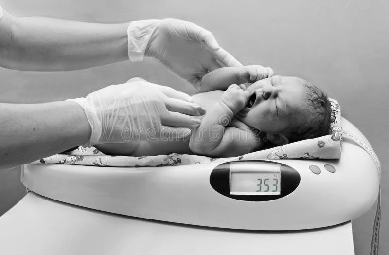Weighing a newborn / new born baby with weighing scales / scale soon after  childbirth / giving birth in an NHS hospital Stock Photo - Alamy