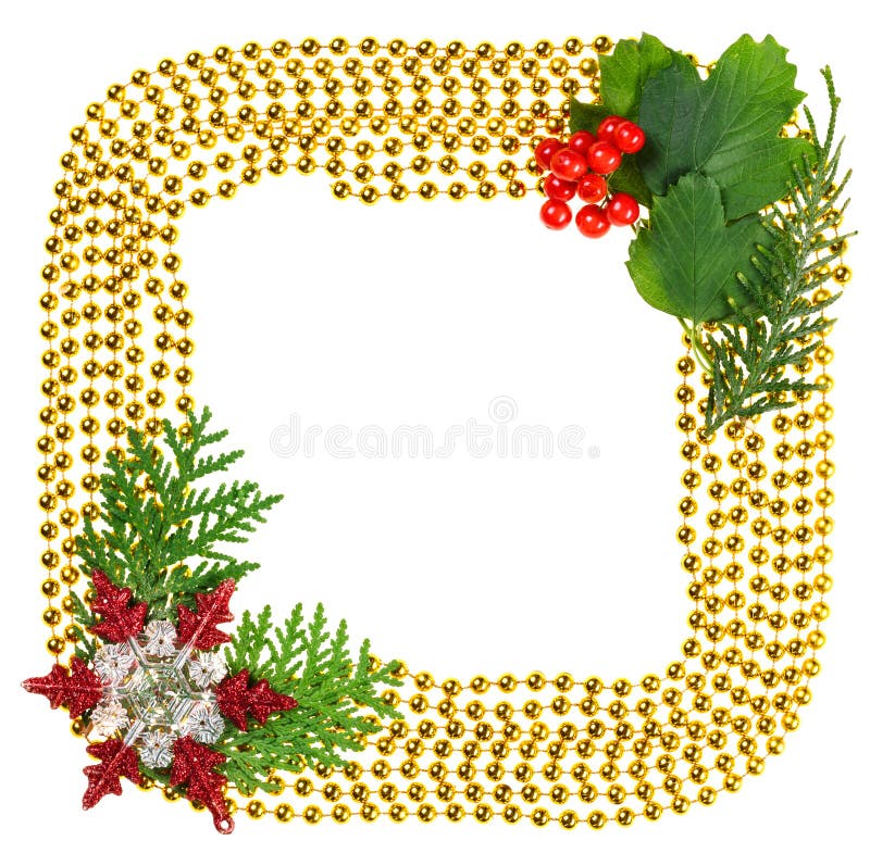 Christmas beads garland decoration frame with spruce branch. Christmas beads garland decoration frame with spruce branch