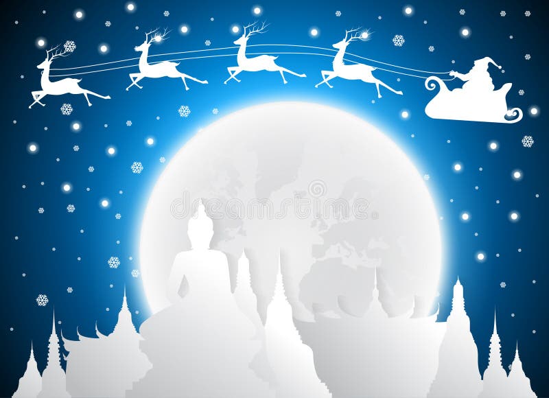 Weihnachten und Sankt in Tempel-Thailand-Marksteinen und im Schattenbild, Vollmond vektor abbildung Weihnachten und Sankt in Tempel-Thailand-Marksteinen und im Schattenbild, Vollmond vektor abbildung