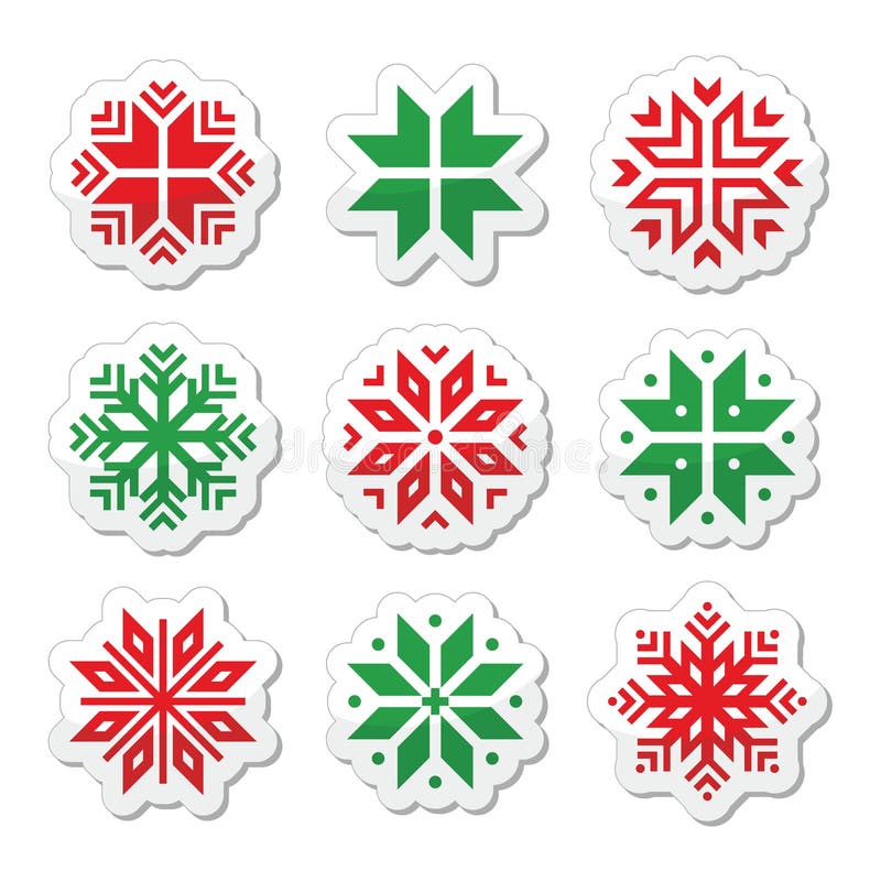 Snowflakes red and green labels set isolated on white. Snowflakes red and green labels set isolated on white