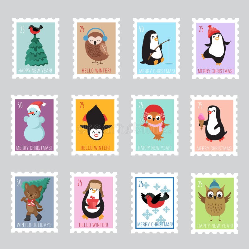 Weihnachts-Sankt-Briefmarken für Grußkarte Karikatur polar mit Herzen lizenzfreie abbildung Weihnachts-Sankt-Briefmarken für Grußkarte Karikatur polar mit Herzen lizenzfreie abbildung