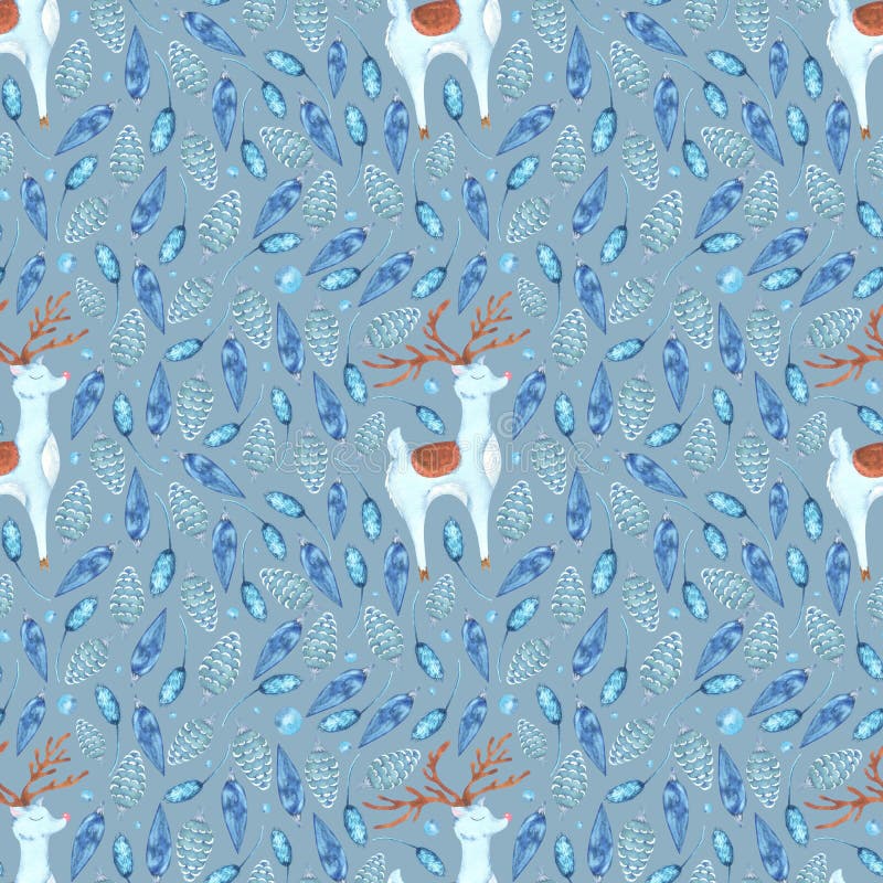 Weihnachtsaquarellmuster mit blauen Hirsch stock abbildung