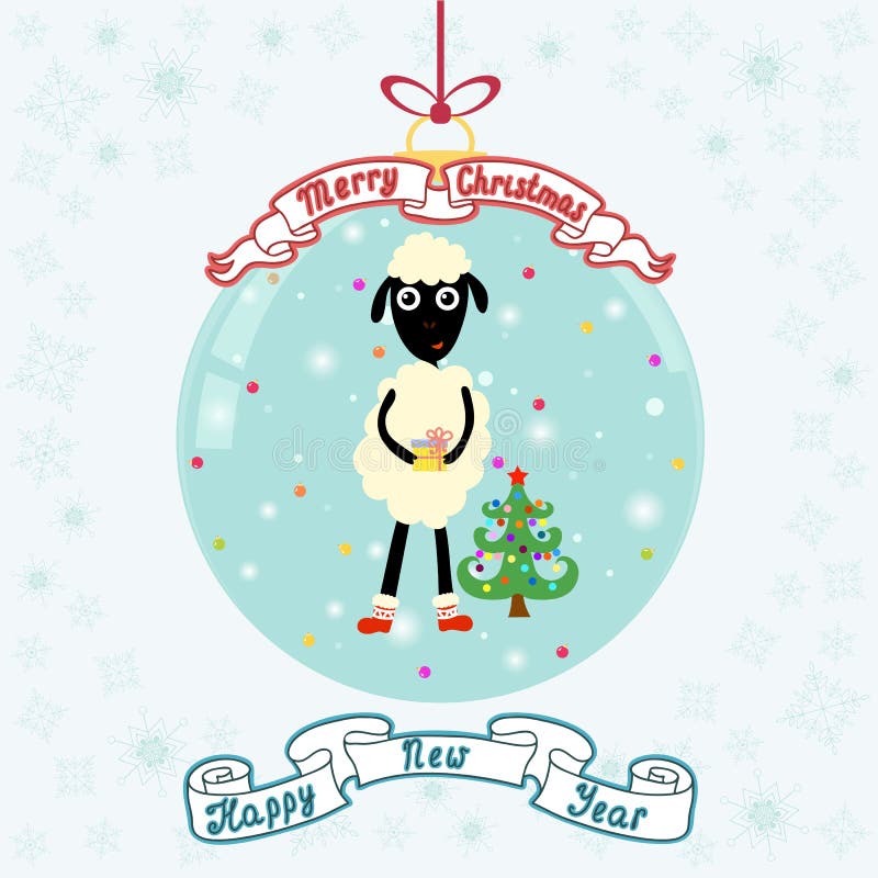 Weihnachtsball mit netten Schafen und Weihnachtsbaum Fröhliches Christm lizenzfreie abbildung Weihnachtsball mit netten Schafen und Weihnachtsbaum Fröhliches Christm lizenzfreie abbildung
