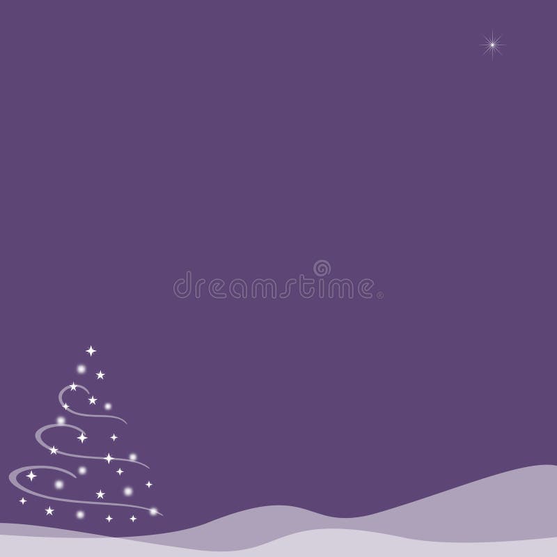 Abstract illustration of of a Christmas tree made from stars and surrounded by swirls of white on top of snow hills created with transparency. A single star shines in the sky. Purple background. Copy space. Abstract illustration of of a Christmas tree made from stars and surrounded by swirls of white on top of snow hills created with transparency. A single star shines in the sky. Purple background. Copy space.