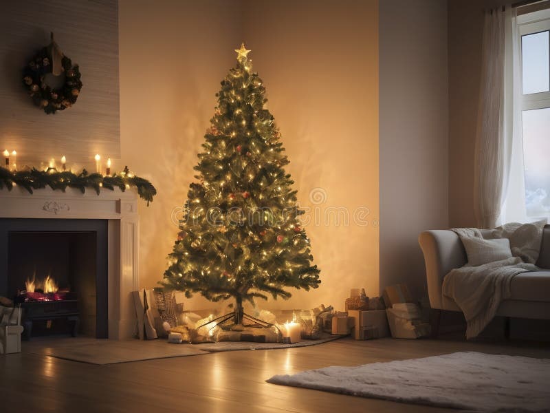 Weihnachtsbaum in Kaminnähe. Feststimmung stockfotografie