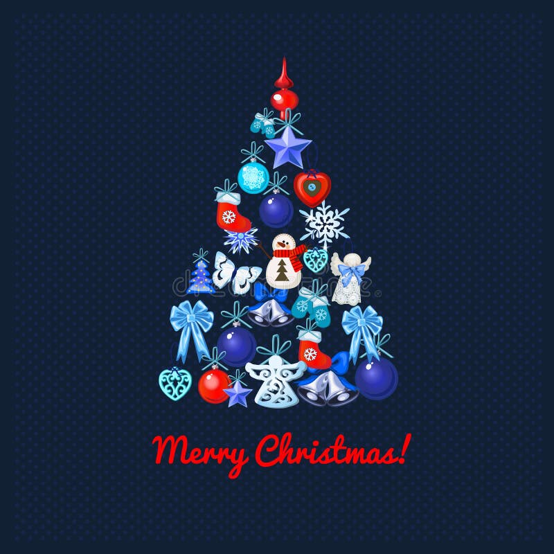 Weihnachtsbaum mit Dekoration auf einem Blau punktierte Hintergrund und die Wörter frohen Weihnachten Probe des Plakats, Partei lizenzfreie abbildung Weihnachtsbaum mit Dekoration auf einem Blau punktierte Hintergrund und die Wörter frohen Weihnachten Probe des Plakats, Partei lizenzfreie abbildung