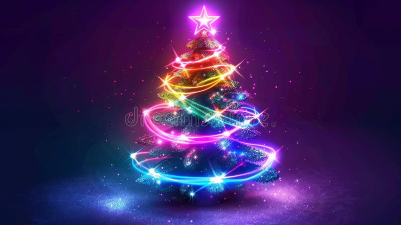 Christmas light tree with stars and glitter. Xmas and New Year bright winter holiday shiny ribbon pine element in purple, gold, red and green.. AI generated. Christmas light tree with stars and glitter. Xmas and New Year bright winter holiday shiny ribbon pine element in purple, gold, red and green.. AI generated