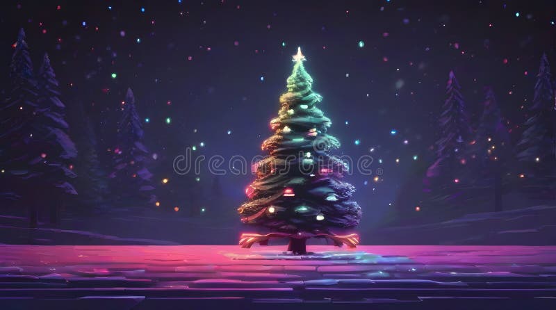 Weihnachtsbaum in Schneefälle 32bit Pixel Neon Art ai generiert