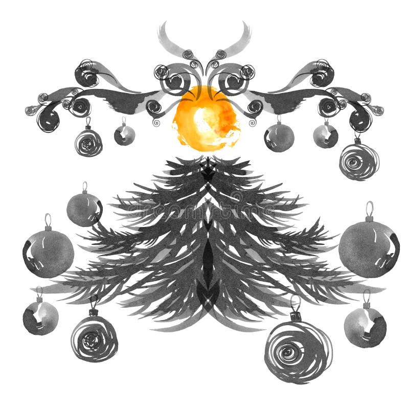 Weihnachtsbaum und Lampen Tinten- und Aquarellillustration Elemente für Grußkartendesign vektor abbildung Weihnachtsbaum und Lampen Tinten- und Aquarellillustration Elemente für Grußkartendesign vektor abbildung