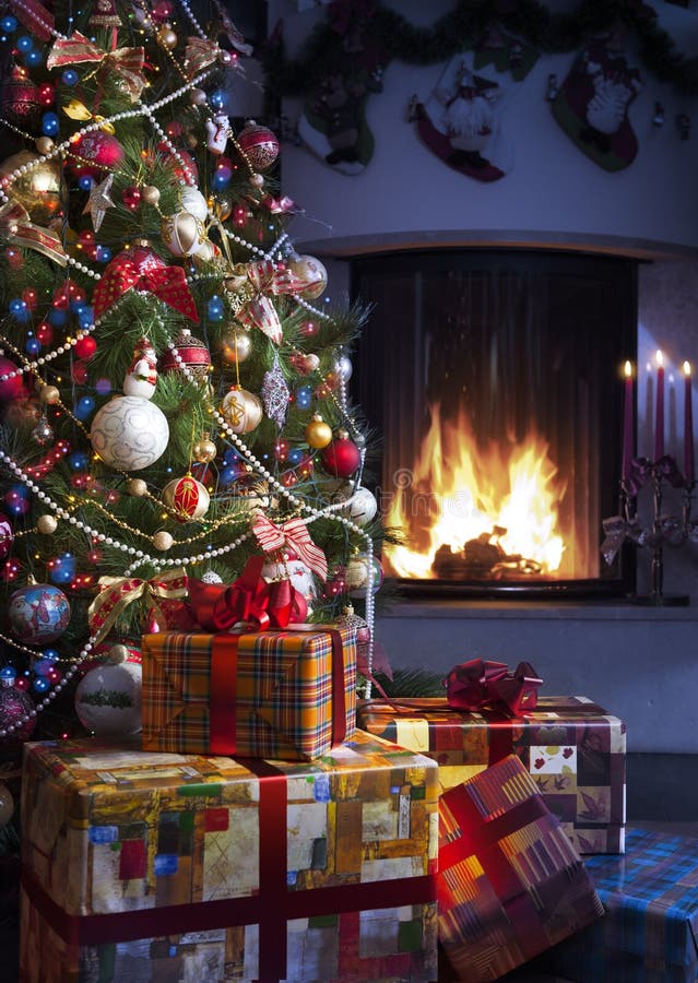 Ein Dunkles Zimmer Mit Einem Bett Und Vielen Deko- Und Leuchten, Ein  Weihnachtsbaum Mit Geschenken Darunter, Eine Graue Wand Stockfoto - Bild  von dunkel, winter: 166181254