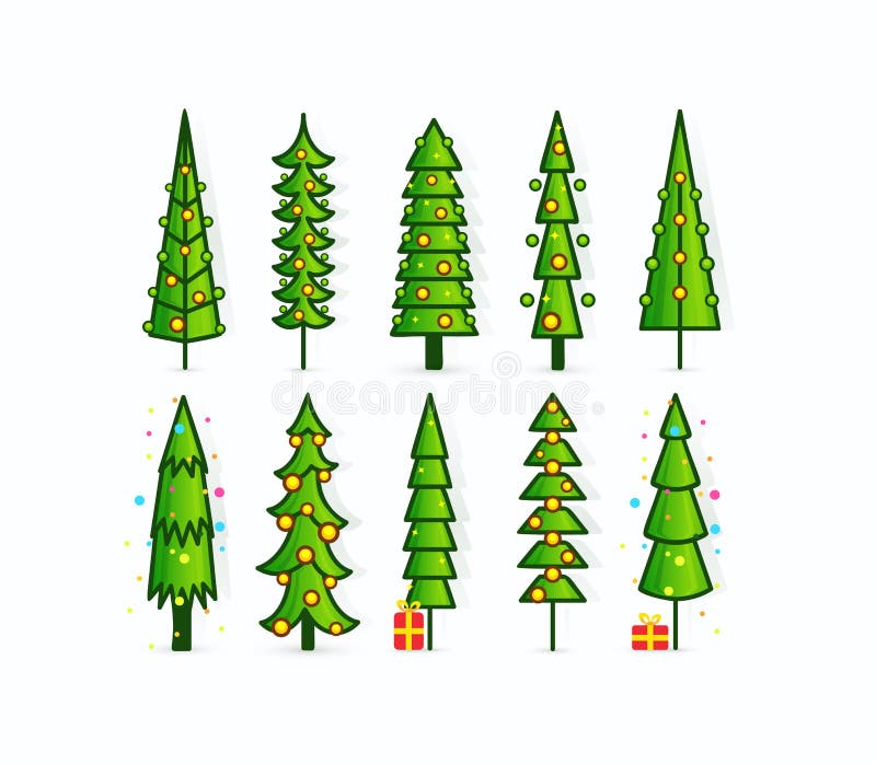 Weihnachtsbaum-Vektorikonen Stellen Sie von den Entwurfskiefern mit Girlanden, Geschenken und Dekorationen ein Hohe grüne Bäume a vektor abbildung Weihnachtsbaum-Vektorikonen Stellen Sie von den Entwurfskiefern mit Girlanden, Geschenken und Dekorationen ein Hohe grüne Bäume a vektor abbildung