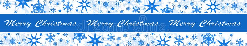 Weihnachtsdekoration in Blau auf verschiedenen Schneeflocken der langen Banner und Eissternen auf weißer Schrift der frohe Weihnac vektor abbildung