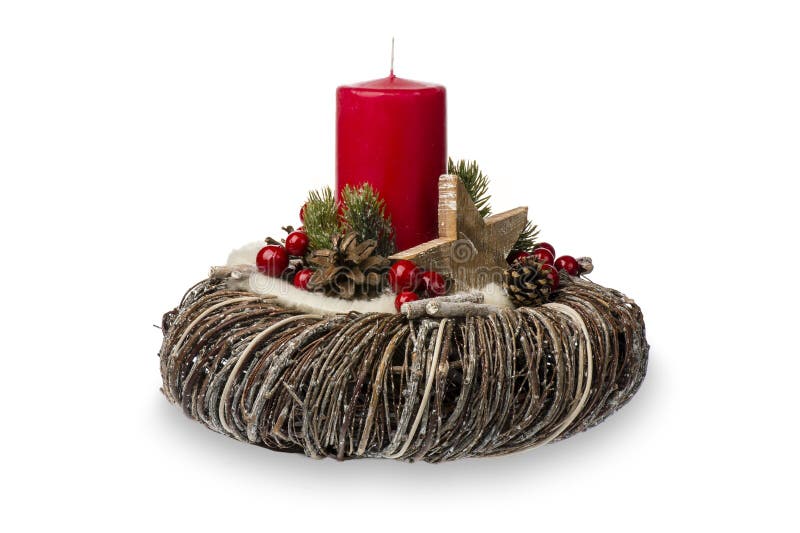 Weihnachtsdekoration - Weihnachtszusammensetzung gemacht vom Kranz, von den Kerzen und vom Weihnachtsdekorativen Zubehör lokalisi stockbilder Weihnachtsdekoration - Weihnachtszusammensetzung gemacht vom Kranz, von den Kerzen und vom Weihnachtsdekorativen Zubehör lokalisi stockbilder