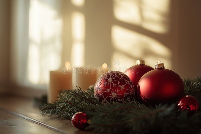Weihnachtsdekorationen auf einem Kiefernwald mit Kerzenschein in gemütlichem Wohnzimmer lizenzfreies stockfoto
