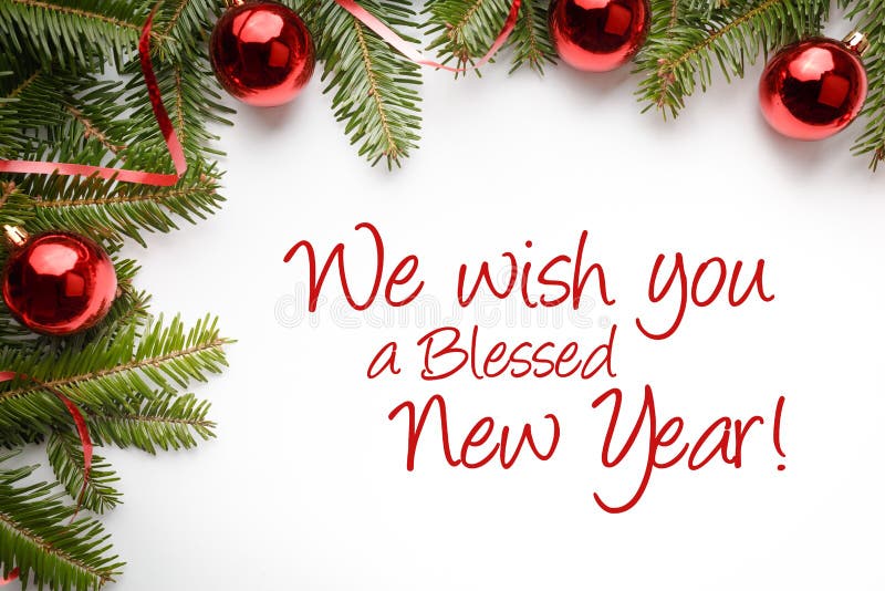 Weihnachtsdekorationen mit dem Gruß ` wünschen wir Ihnen ein gesegnetes neues Jahr! `
