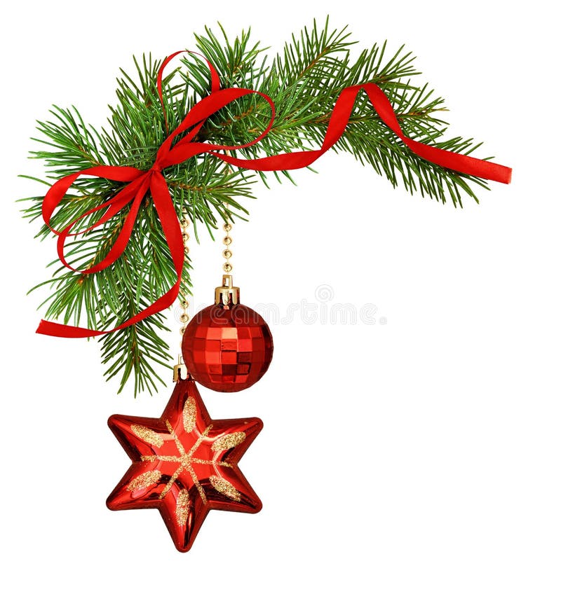 Weihnachtseckanordnung mit Kiefernzwigs, Dekorationen und rotem Seidenbandbogen