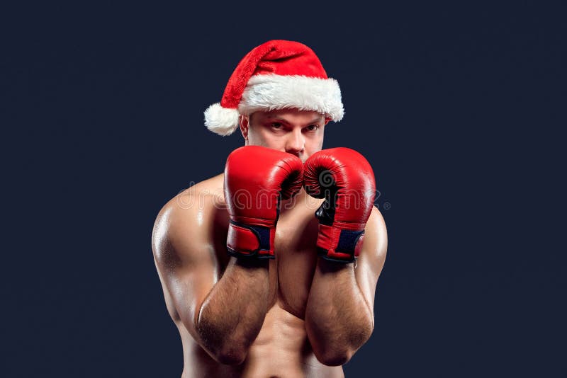 Weihnachtseignungsboxer, der Sankt-Hutverpacken trägt lizenzfreie stockbilder Weihnachtseignungsboxer, der Sankt-Hutverpacken trägt lizenzfreie stockbilder