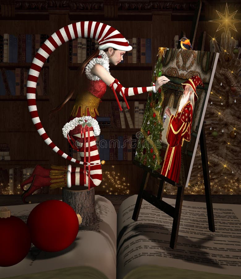 Weihnachtselfe malt ein Santa Claus-Porträt vektor abbildung Weihnachtselfe malt ein Santa Claus-Porträt vektor abbildung