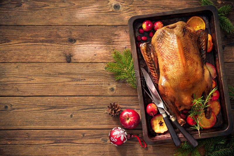 Weihnachtsentenbraten mit Äpfeln und Orangen auf Backblech lizenzfreie stockfotografie