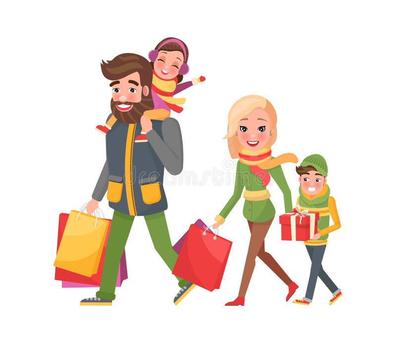 Weihnachtsfeiertags-Einkaufen, glückliche Familie zusammen lizenzfreie abbildung Weihnachtsfeiertags-Einkaufen, glückliche Familie zusammen lizenzfreie abbildung