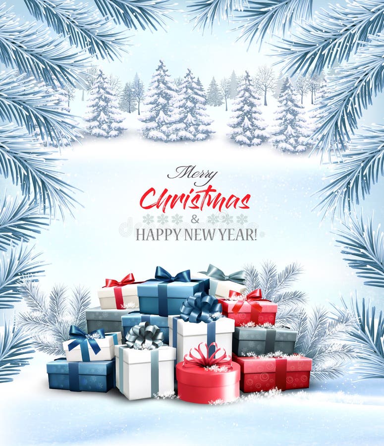 Weihnachtsferien mit bunten Geschenkschachteln und Winterwald vektor abbildung