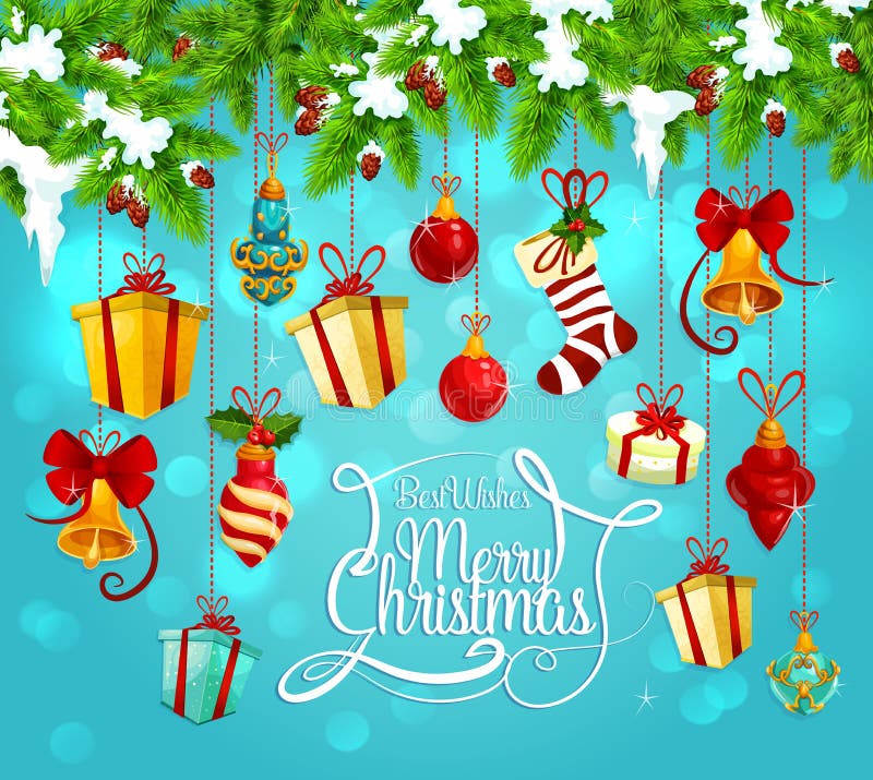 Weihnachtsgirlande mit Geschenk- und Glockengrußkarte lizenzfreie abbildung Weihnachtsgirlande mit Geschenk- und Glockengrußkarte lizenzfreie abbildung