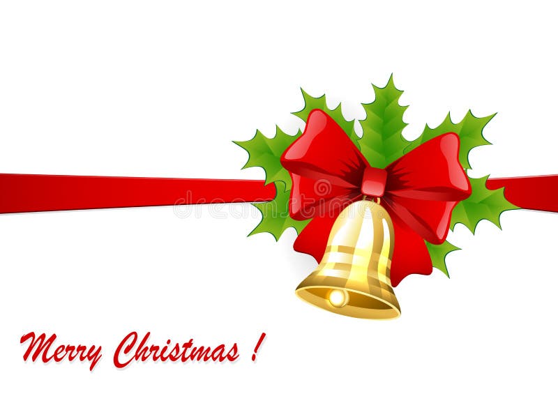 Weihnachtsgoldene Glocke mit einem roten Bogen und einer Stechpalme stock abbildung Weihnachtsgoldene Glocke mit einem roten Bogen und einer Stechpalme stock abbildung